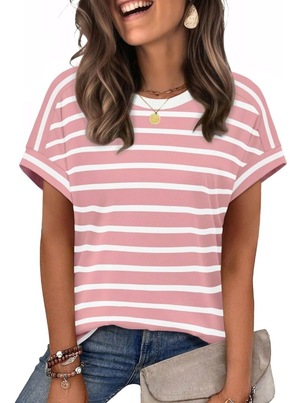 Women's Pink Stripes Summer Outfits Cloth Pull On Top Short Sleeve Casual Shirt